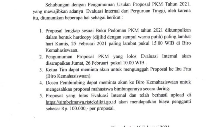 Pengumuman Usulan Proposal PKM Tahun 2021